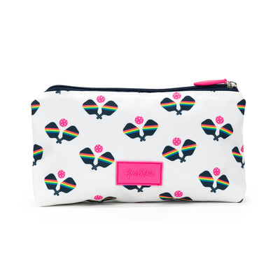 back view of nylon pouch with pink ame & lulu label on it