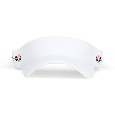front view of white visor with navy rainbow crossed paddle pattern repeat