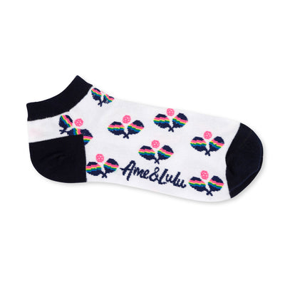 one single white ankle sock with rainbow crossed paddle pattern repeated