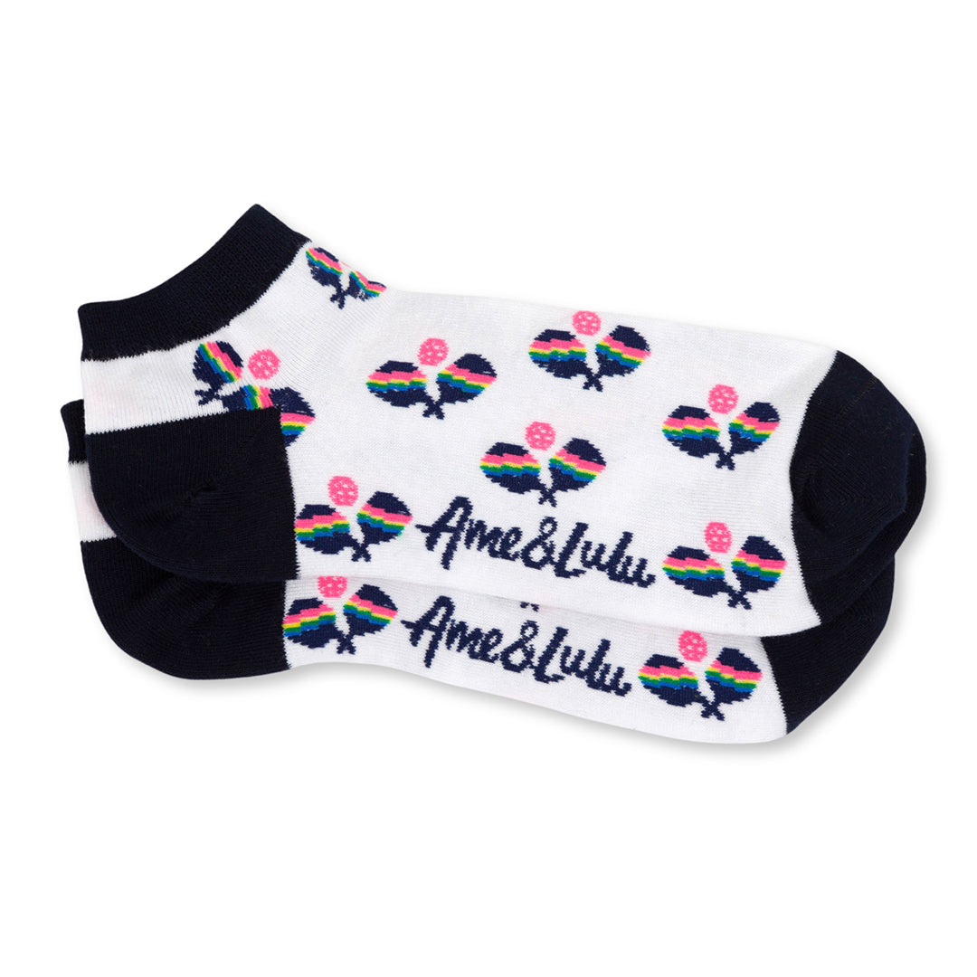white ankle socks with rainbow crossed paddle pattern repeated