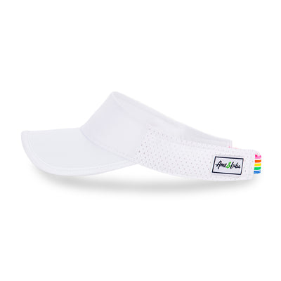 Side view of white visor with rainbow striped adjustable strap on the back.