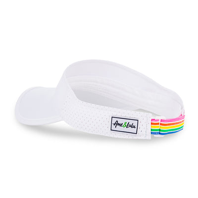 Back view of white visor with rainbow striped adjustable strap on the back.
