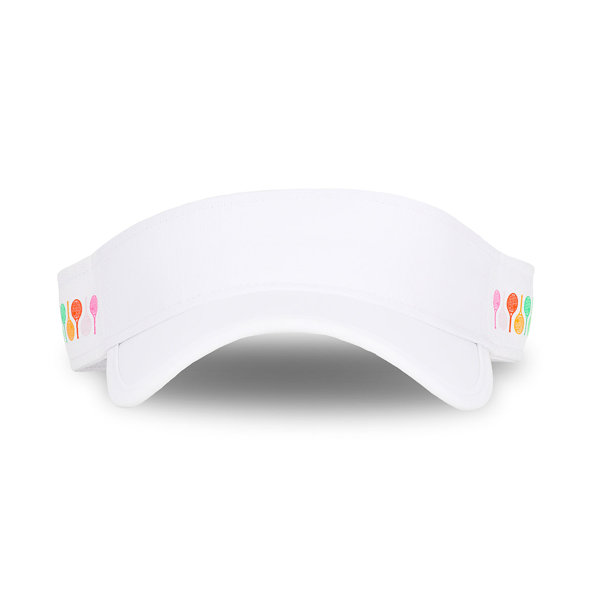 Front view of rainbow racquets head in the game visor. Visor is all white with rainbow racquets printed on the sides.