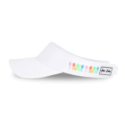 Side view of rainbow racquets head in the game visor. Visor is all white with rainbow racquets printed on the sides.