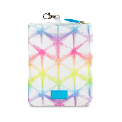back view of white small pouch with rainbow tie dye pattern and blue zippers