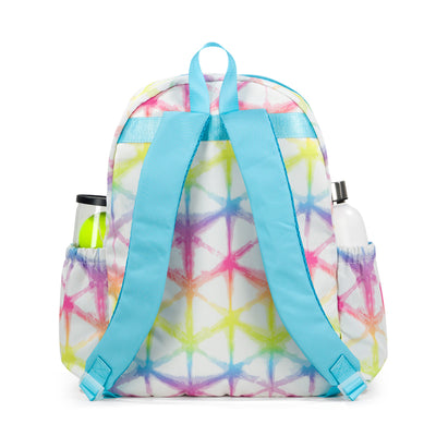 back view of white kids tennis backpack with rainbow shibori tie dye pattern. straps are light blue