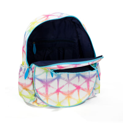 inside view of white kids tennis backpack with rainbow shibori tie dye pattern. interior color is navy