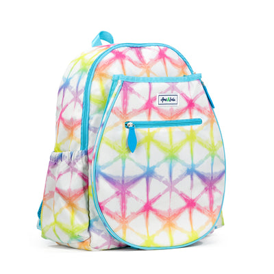Side view of white kids tennis backpack with rainbow shibori tie dye pattern.