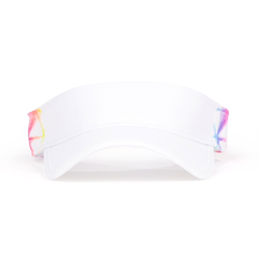 Front view of white kids visor with rainbow tie dye pattern on the sides.