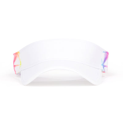 Front view of white kids visor with rainbow tie dye pattern on the sides.