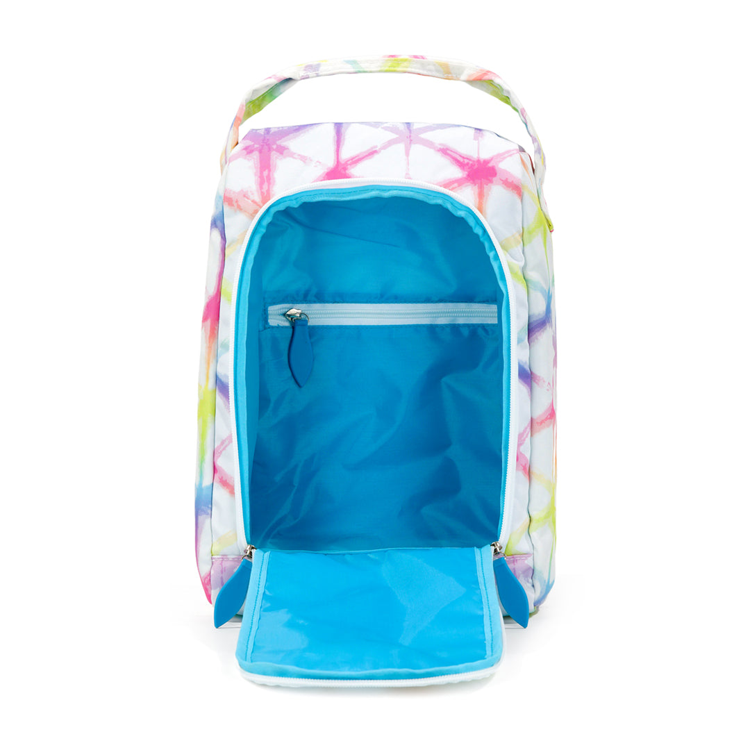 inside view of white and rainbow tie dye shoe bag with light blue interior color