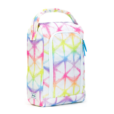 side view of white and rainbow tie dye shoe bag