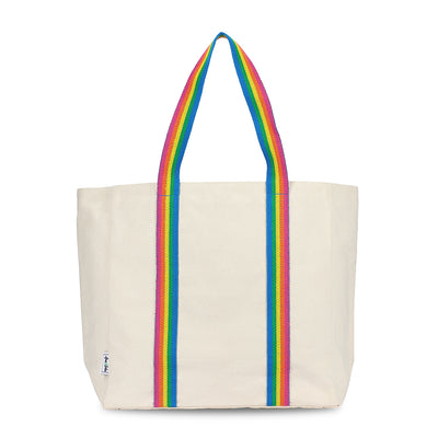 natural canvas tote with rainbow striped cotton webbing straps