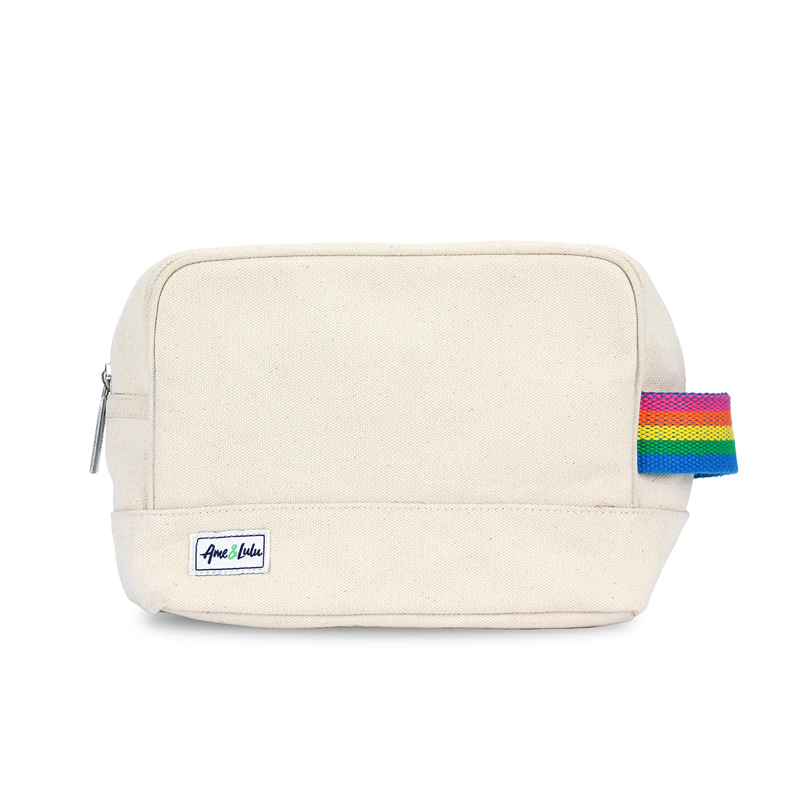 natural canvas beauty bag with rainbow striped cotton webbing loop on the side 