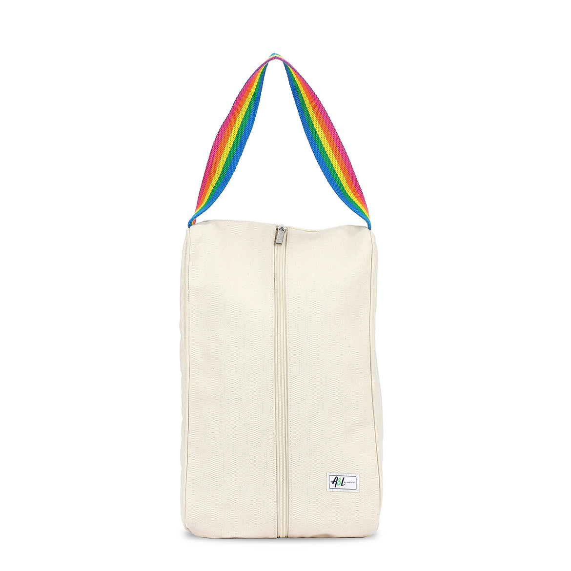 rectangular tan canvas shoe bag with rainbow striped handles.