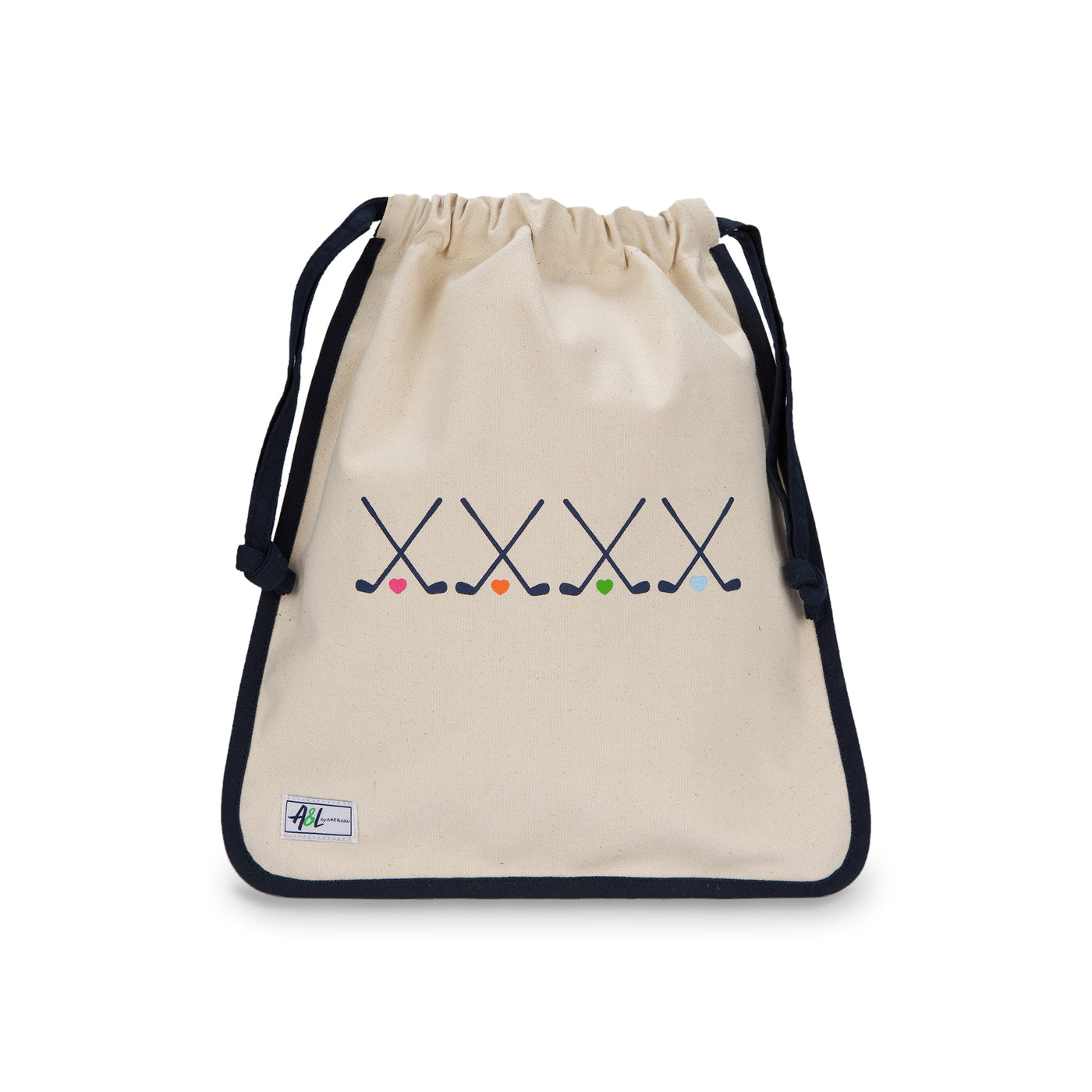 tan canvas drawstring shoe bag with navy crossed golf clubs on front.