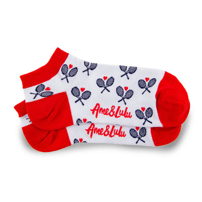 three pack of socks on white background. White sock with red trim and navy racquets, white sock with hot pink trim and navy racquets, and white sock with blue trim and navy racquets.