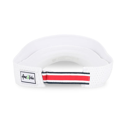 Backview of white visor with red and navy striped adjustable strap on the back.