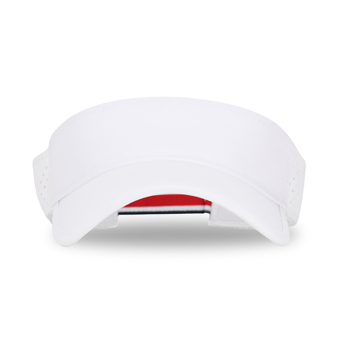 Front view of white visor with red and navy striped adjustable strap on the back.
