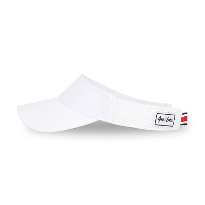 Side view of white visor with red and navy striped adjustable strap on the back.