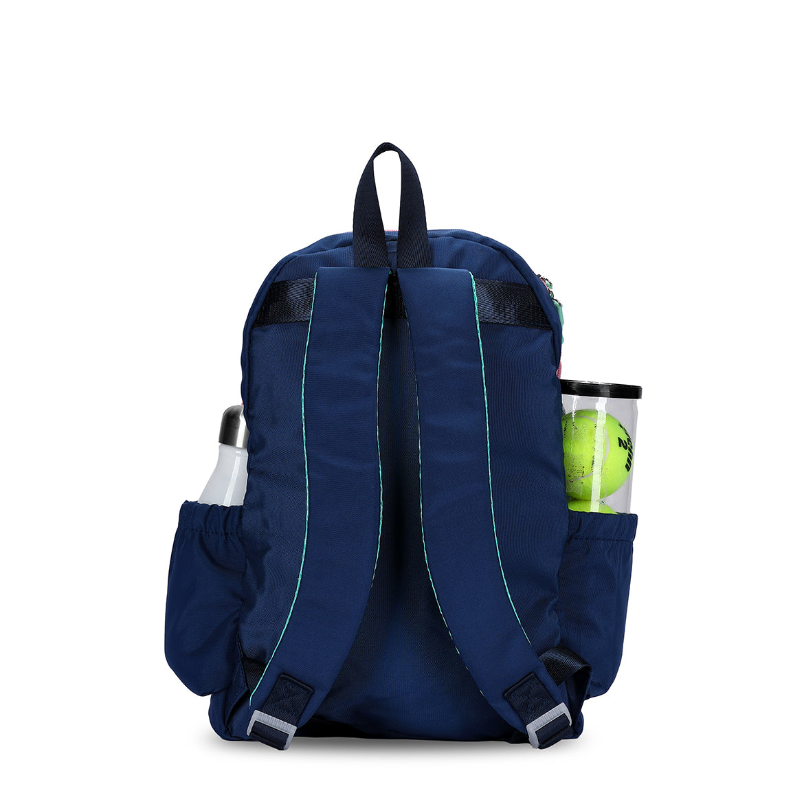 Back view of navy kids tennis backpack.