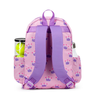 backview of light pink kids tennis backpack with purple trim and purple crown repeating pattern