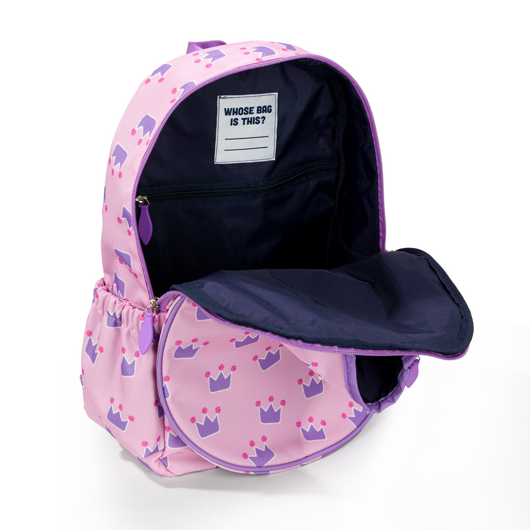 inside view of light pink kids tennis backpack with purple trim and purple crown repeating pattern