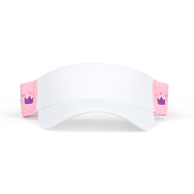 Front view of light pink kids visor with purple crowns on the side.