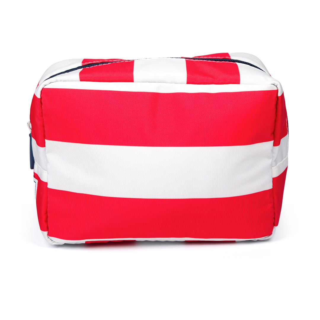 front view of red and white striped nylon pouch
