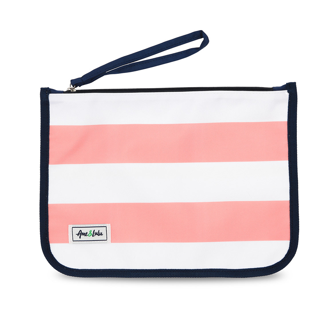 coral and white striped nylon zip pouch with wrist strap