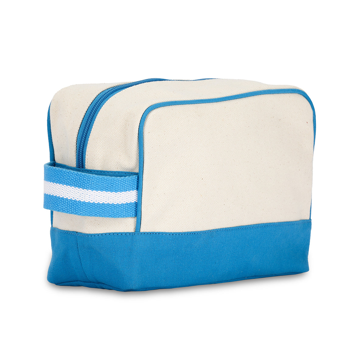side view of natural canvas beauty bag with blue canvas on the bottom and loop on side made of blue and white cotton webbing
