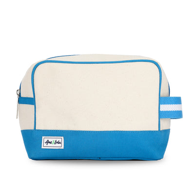 natural canvas beauty bag with blue canvas on the bottom and loop on side made of blue and white cotton webbing