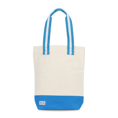 natural canvas wine tote with blue and white cotton webbing straps and blue canvas at the bottom