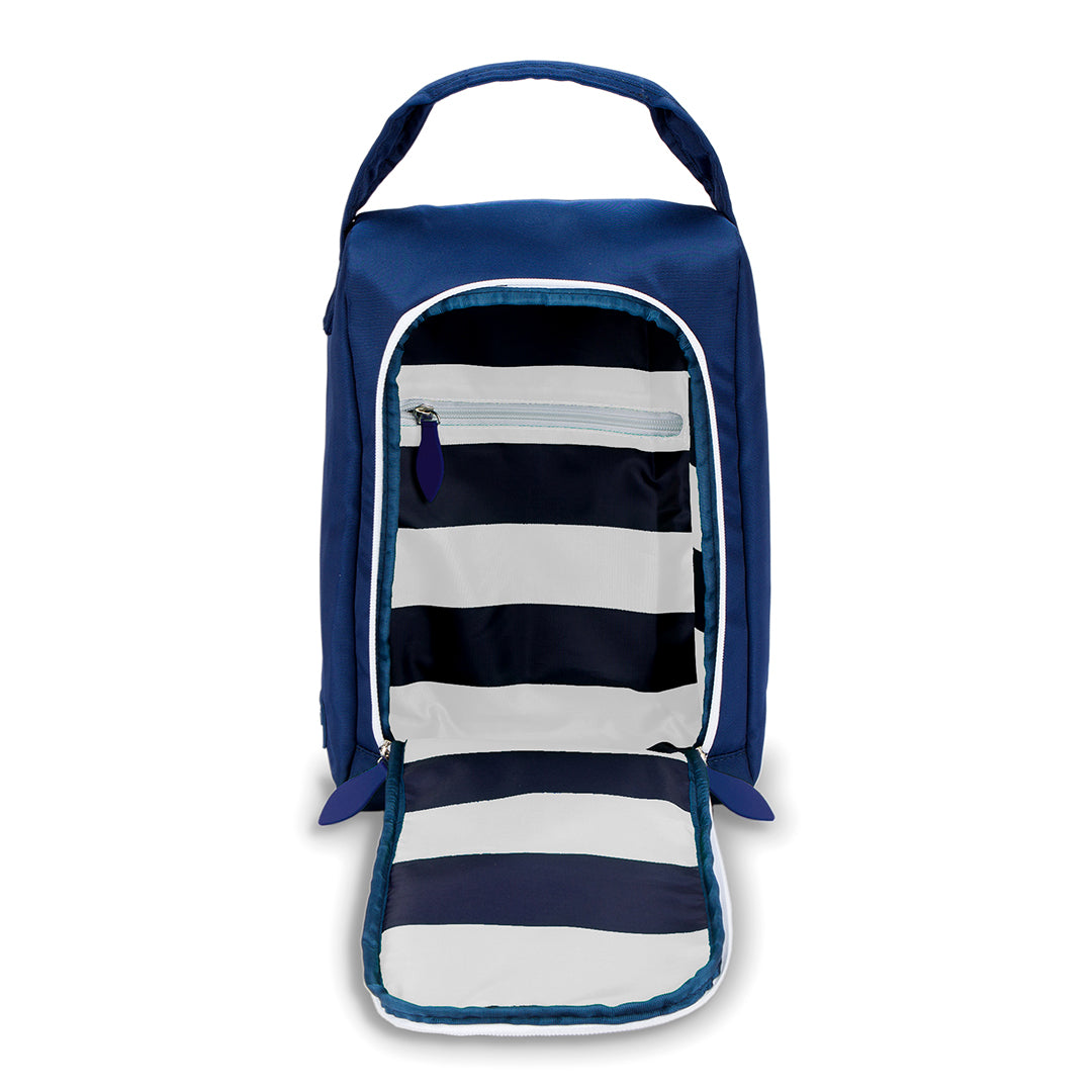 inside view of navy shoe bag with navy zipper. Interior pattern is navy and white stripes
