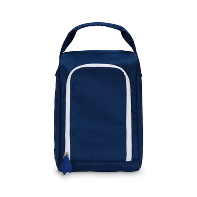 front view of navy shoe bag with navy zipper