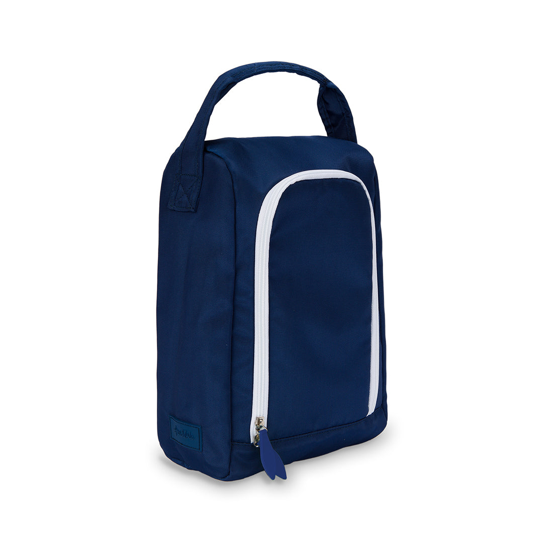 side view of navy shoe bag with navy zipper