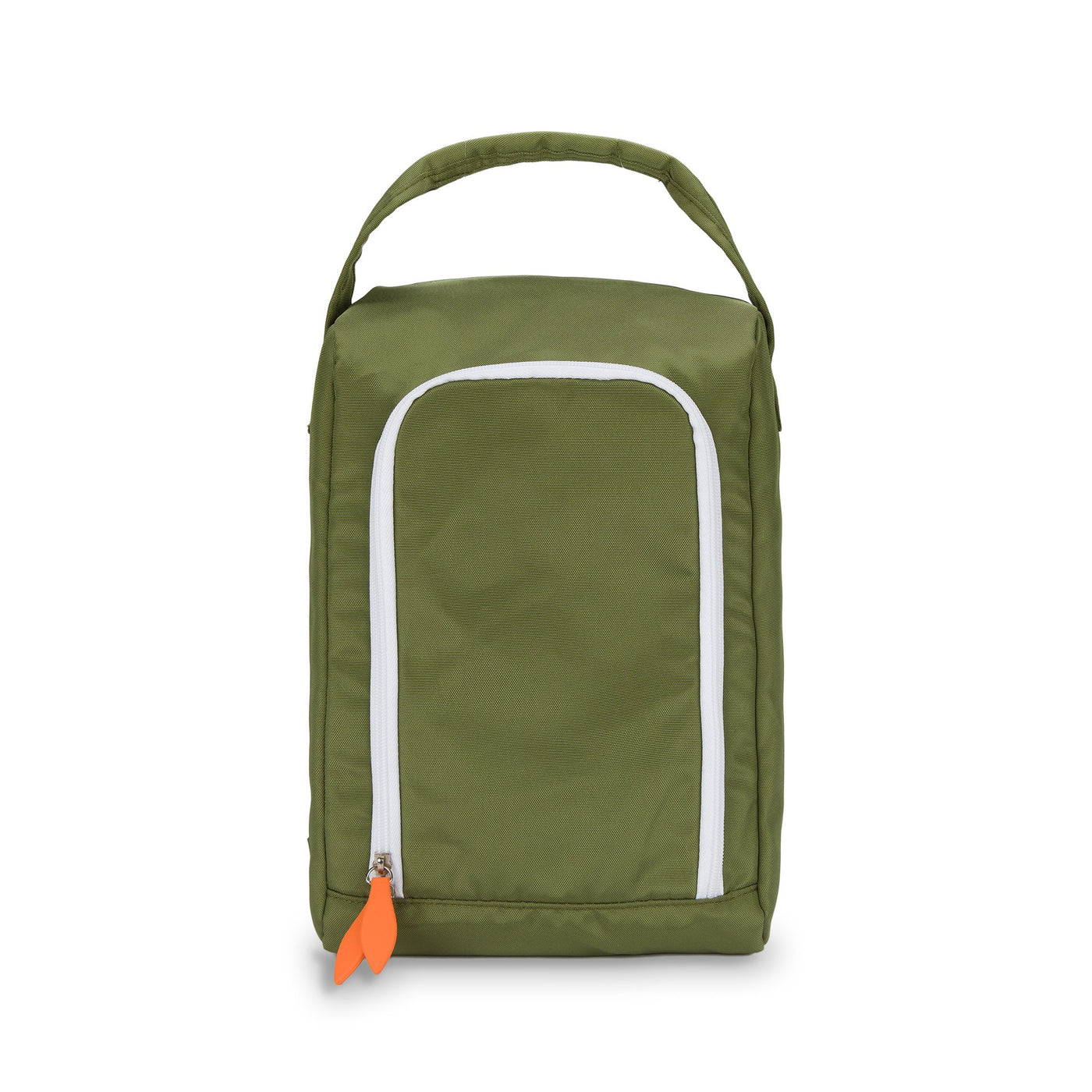 front view of army green shoe bag with orange zippers