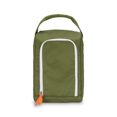 front view of army green shoe bag with orange zippers