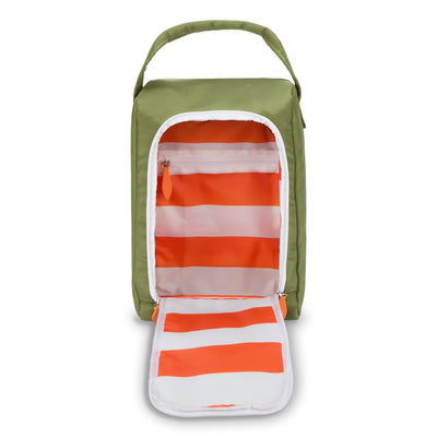 inside view of army green shoe bag with orange zippers show white and orange striped interior