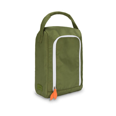 side view of army green shoe bag with orange zippers