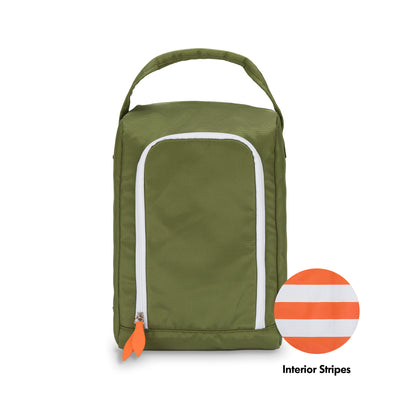front view of army green shoe bag with orange zippers with interior swatch of white and orange stripes