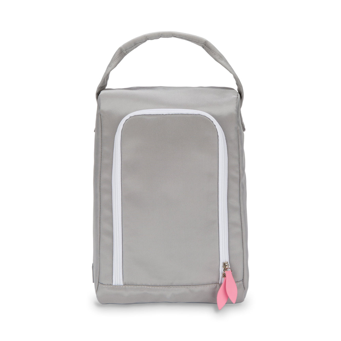 front view of grey shoe bag with pink zippers.