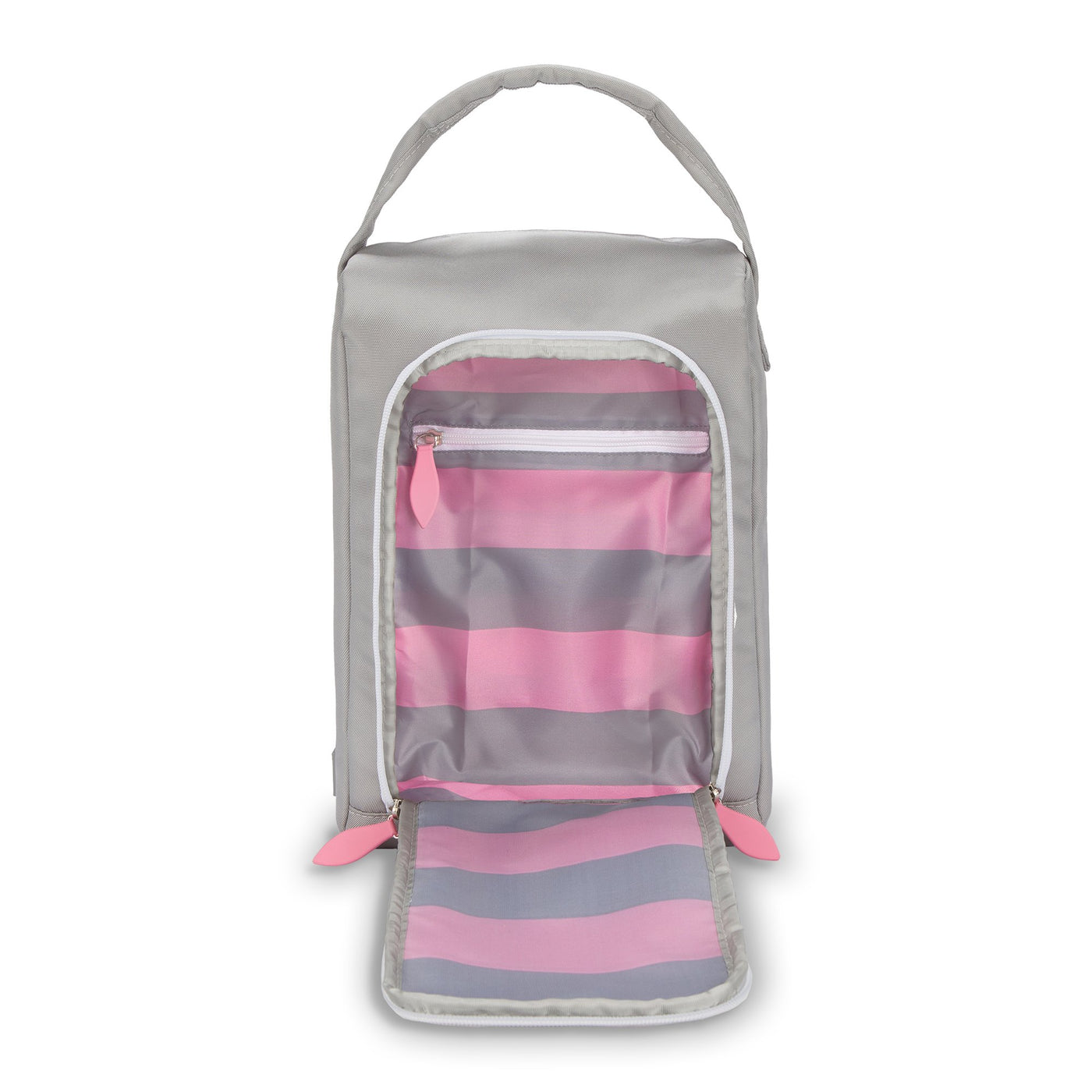 inside view of grey shoe bag with pink zippers. interior is pink and grey striped
