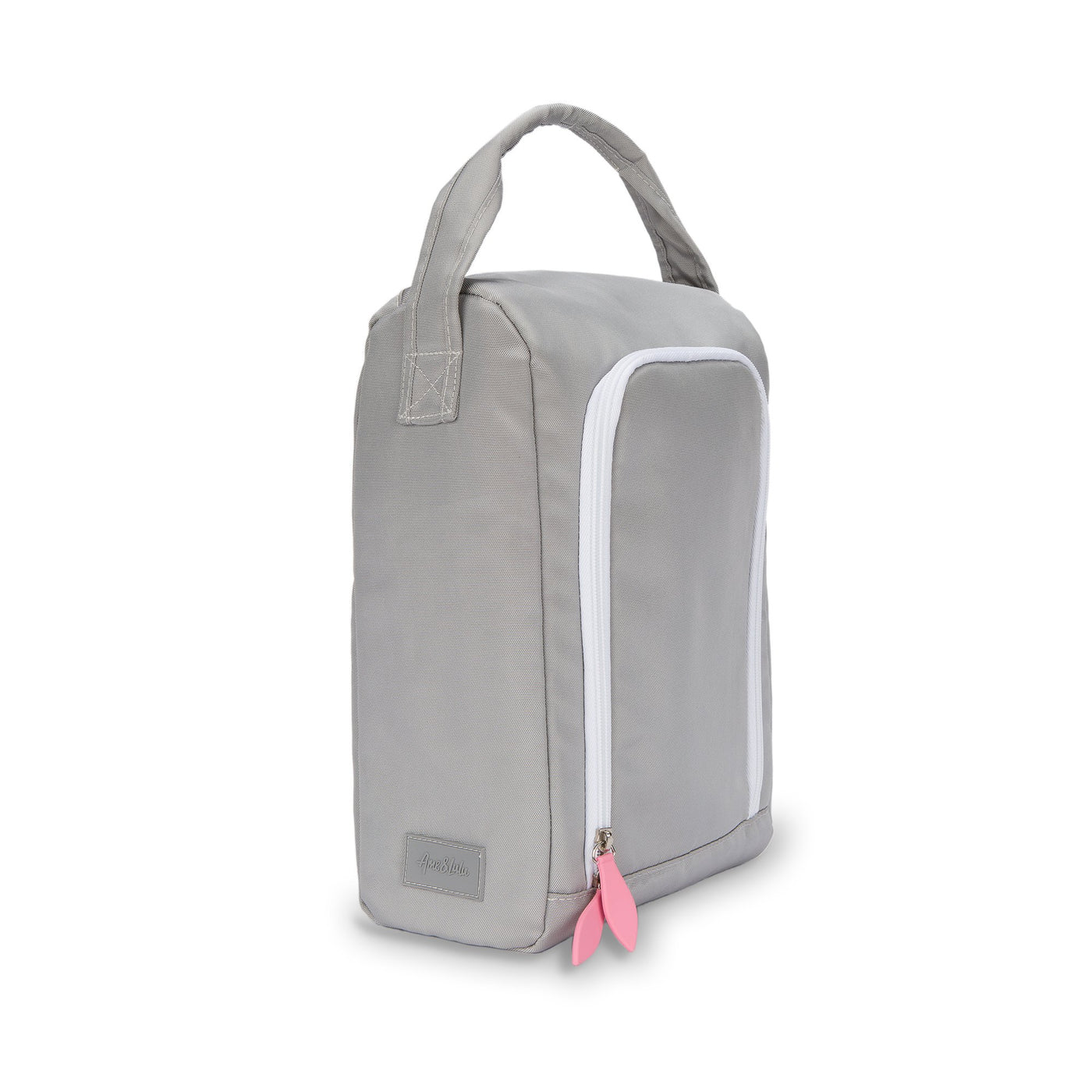 side view of grey shoe bag with pink zippers.