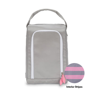 front view of grey shoe bag with pink zippers. interior swatch shows pink and grey striped