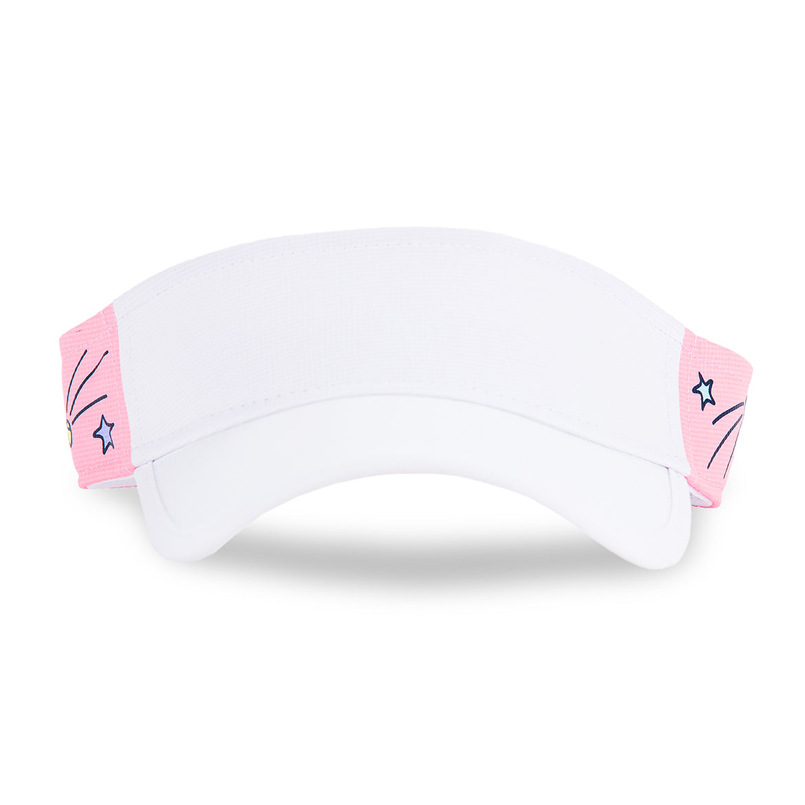 front view of light pink kids visor with shooting stars and tennis balls printed on the sides.