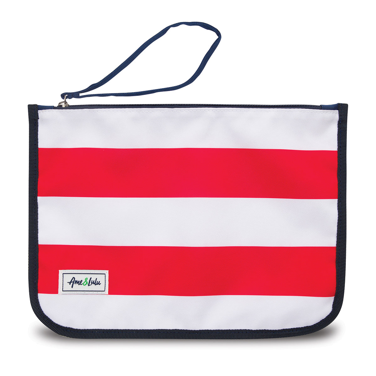 red and white striped nylon zip pouch with wrist strap