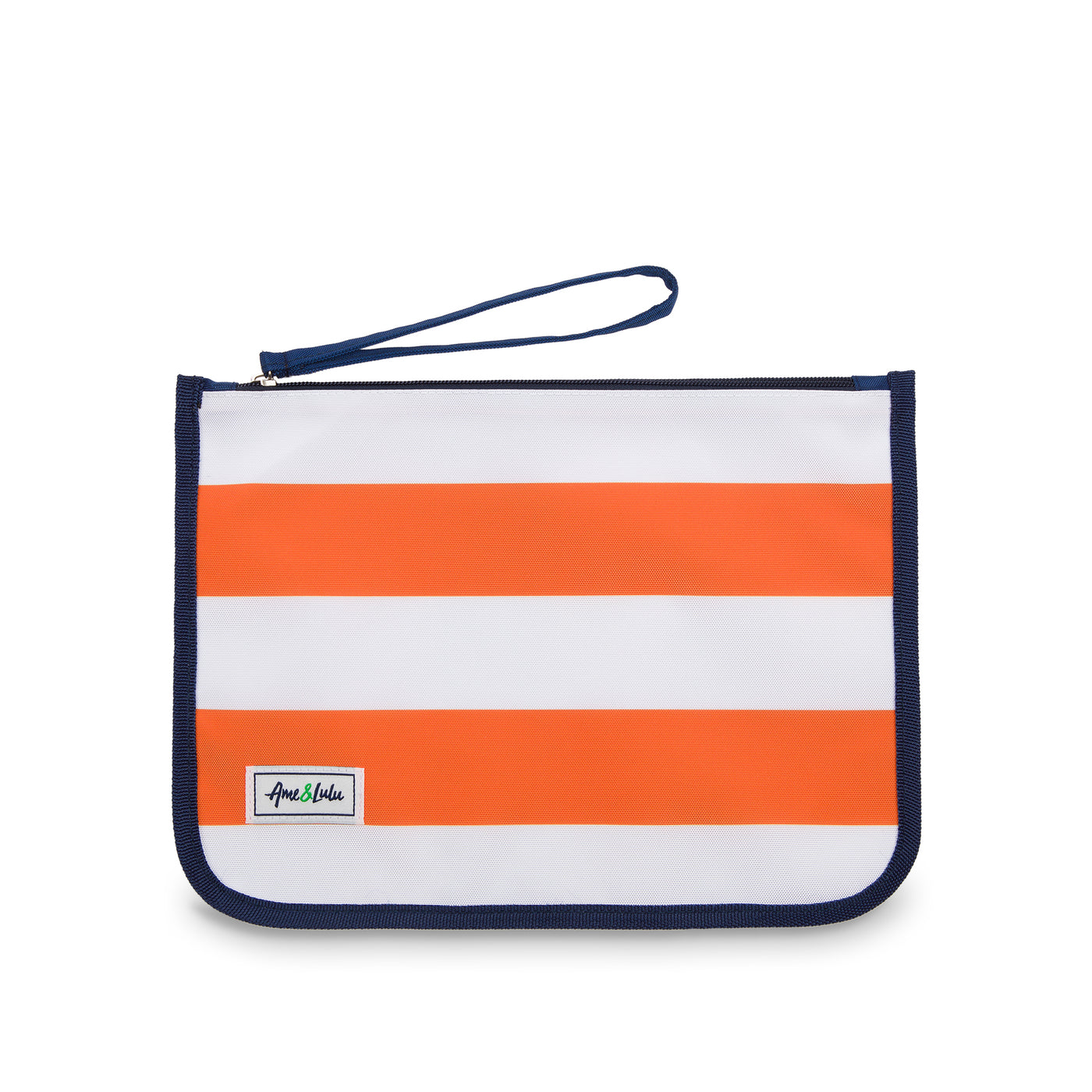orange and white striped nylon zip pouch with wrist strap
