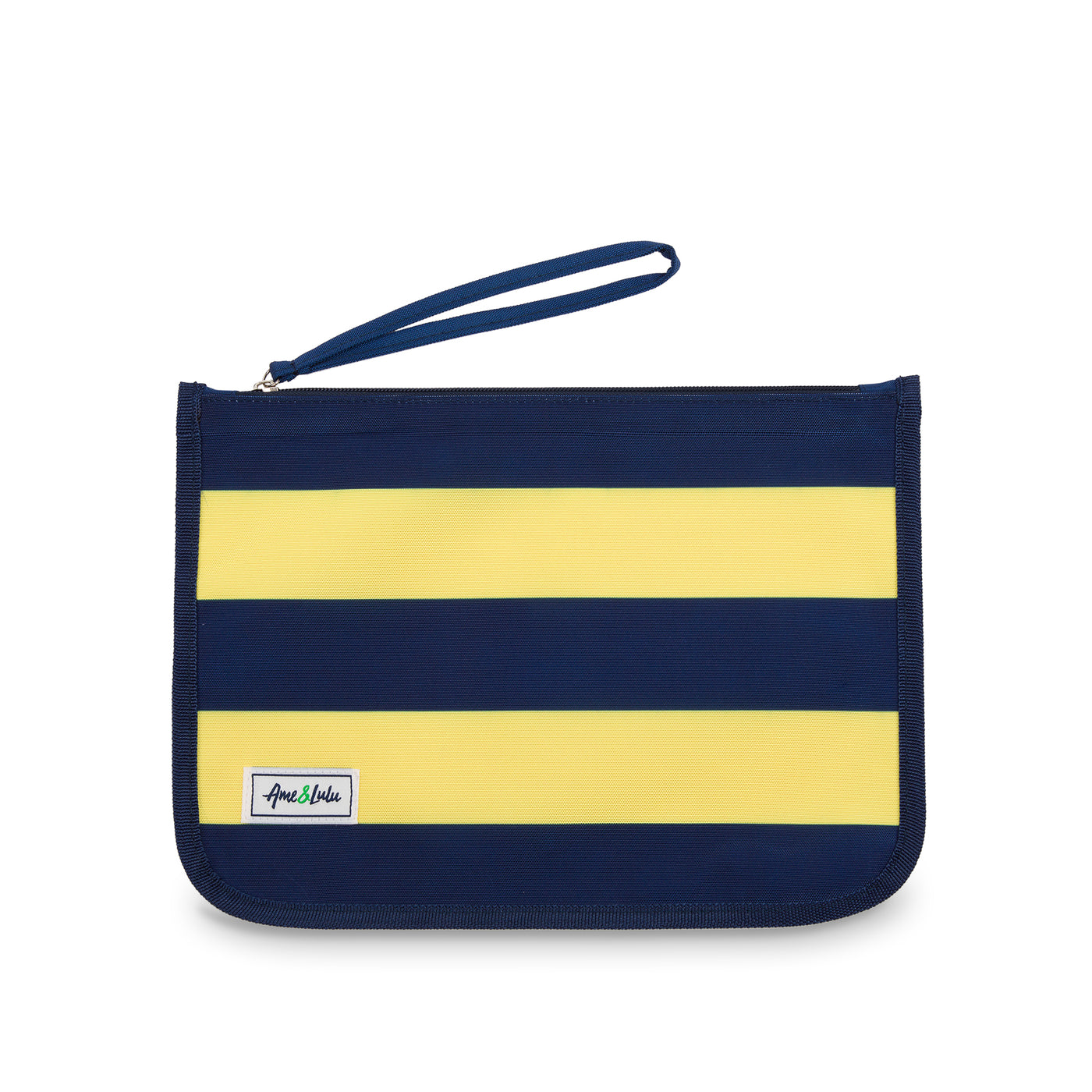 yellow and navy striped nylon zip pouch with wrist strap