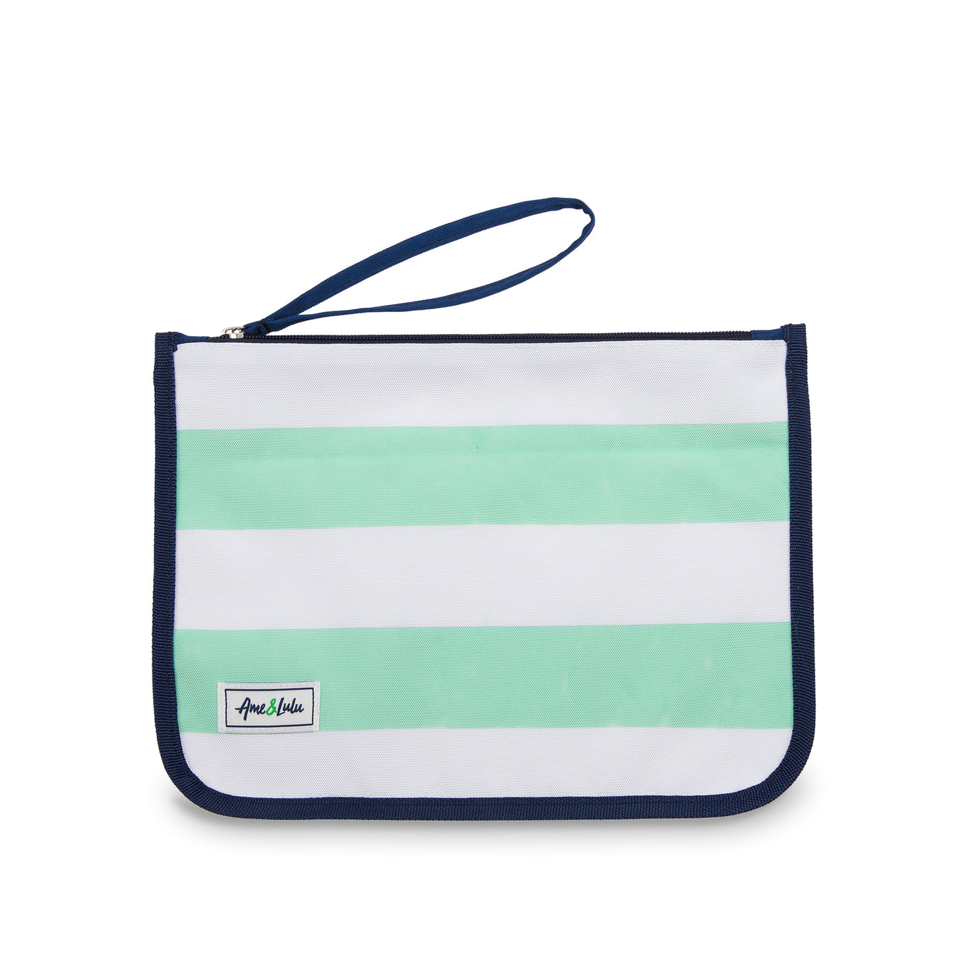 mint green and white striped nylon zip pouch with wrist strap
